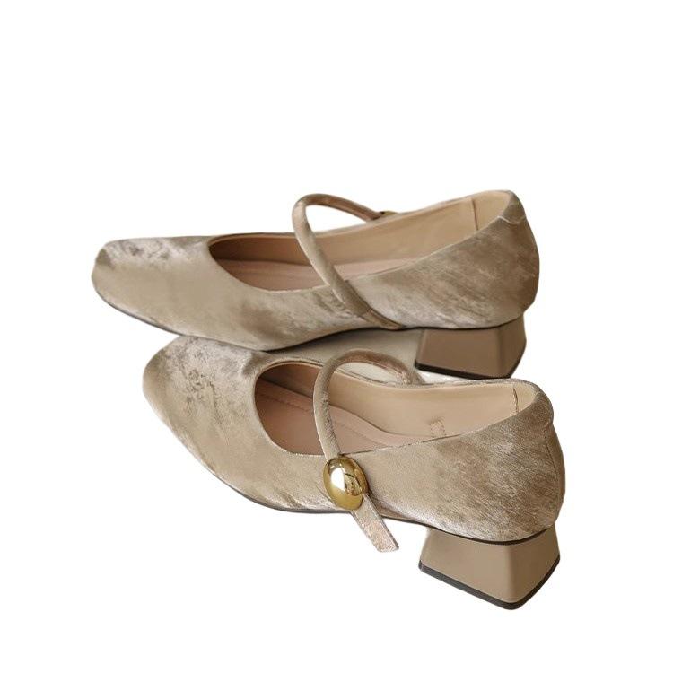 Coarse Heel French Single Shoes Women's Square Head Beautiful Low Heel Ballet Shoes Retro One-word Buckle Mary Jane Shoes