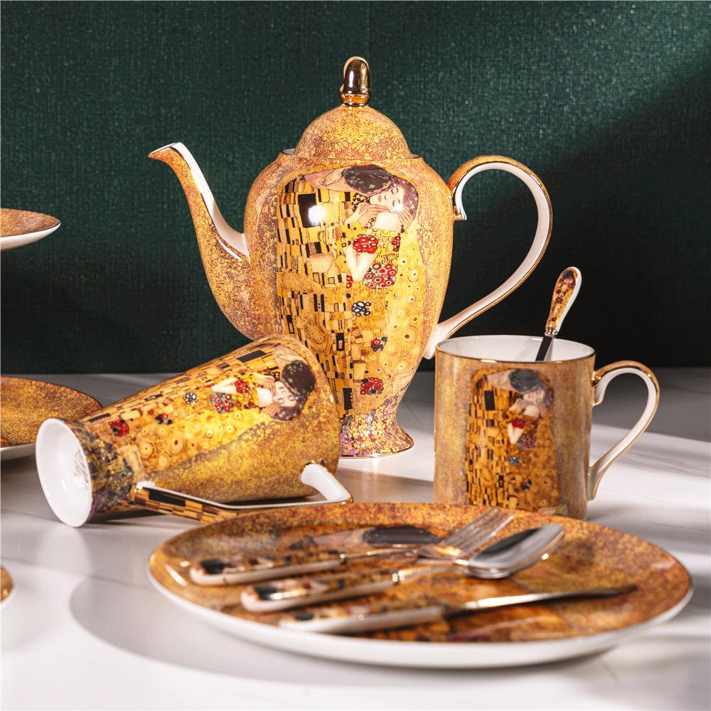 Gustav Klimt Kuss Knochenporzellan Kaffeeservice Luxus Porzellan Teetasse Untertasse Set Keramik Teekanne Milchkännchen Zuckerdose Milchkännchen Kaffeegeschirr