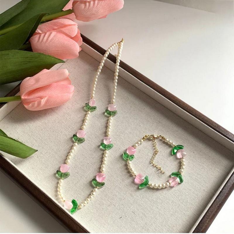 Neues Mode Süßes Tulpenblumen Halskette Armband Set Für Frauen Elegante Perlen Schlüsselbein Kette Halskette Party Schmuck Geschenk