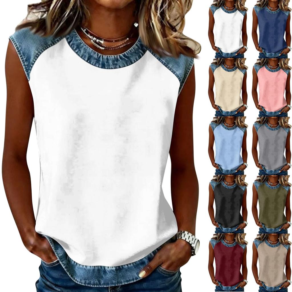 Sleeveless Crew Neck Top with Denim Trim Relaxed Fit Casual Shirt for Women Comfortable Design