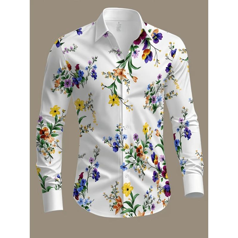 Nuova Camicia da Uomo a Maniche Lunghe Estiva, Vivace Fantasia Floreale, Fioritura Primaverile Romantica Confortevole, Camicia Stampata Casual e Versatile Top da Uomo