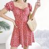 Women Summer Casual Lantern Sleeve Floral Printed Slim Fit Above Knee Length One Piece Dress