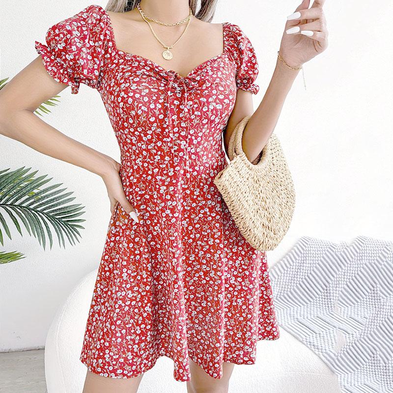 Women Summer Casual Lantern Sleeve Floral Printed Slim Fit Above Knee Length One Piece Dress