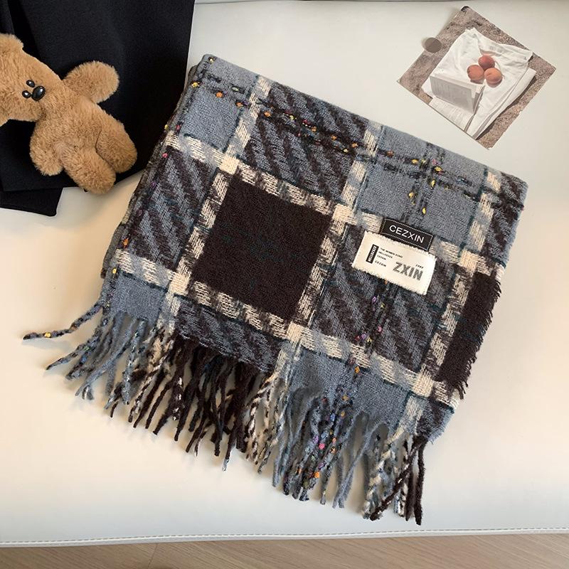 Green Plaid Imitation Cashmere Scarf for Women in Winter Korean Style Thickened Warm Scarf Student Shawl Outer Wear
