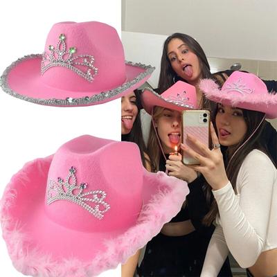 Pembe Tiara Batı Tarzı Cowgirl Şapka Kadınlar için Kız Haddelenmiş Fedora Kapaklar Tüy Kenar Plaj kovboy şapkası Payet Batı parti şapkası
