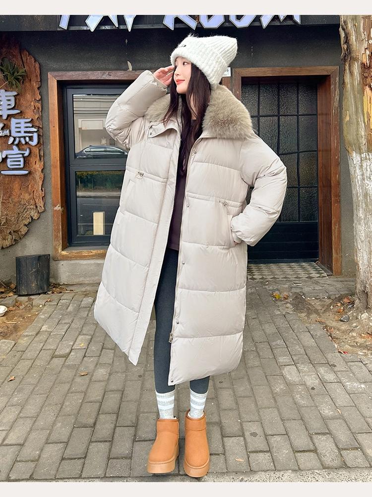 Women’s Calf-Length Windproof Thicken Warm Winter Jacket With Fur Lapel