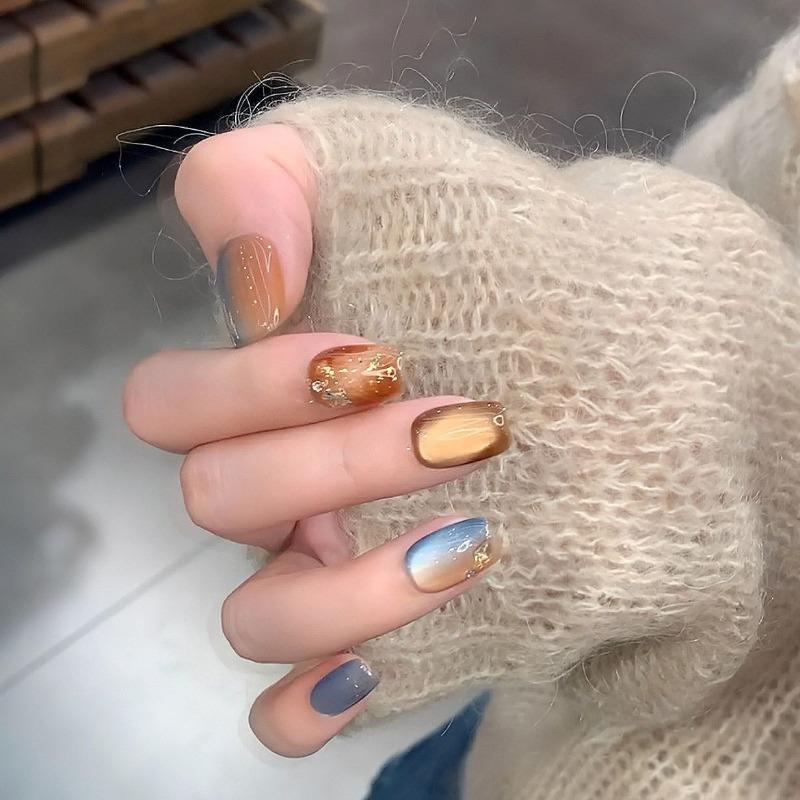 New Autumn&Winter Amber Smudging Design Candy-colored Cat's Eyes Handmade Press On Nails Short Fake Nails Gift for Girls&Women