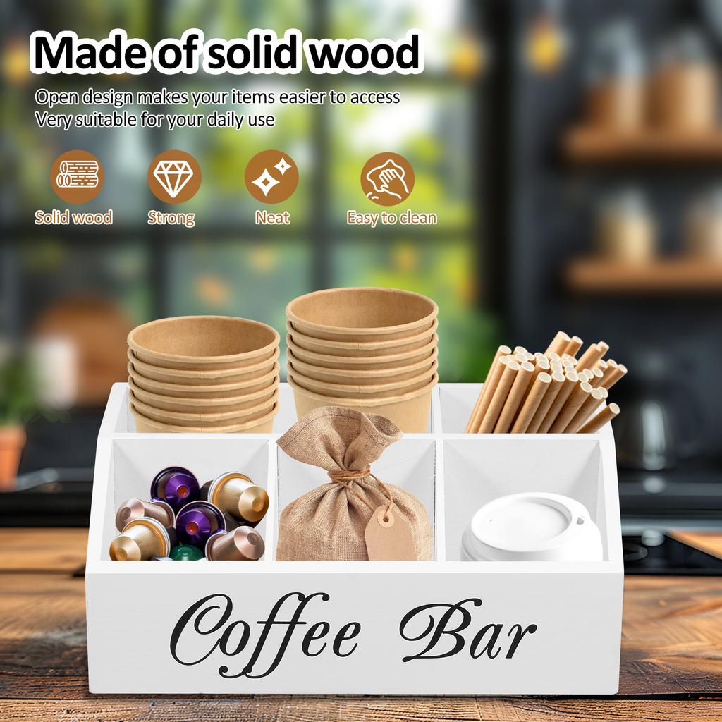 Wooden Coffee Rack Coffee Bar Organizer 5 Compartments Coffee Bar Accessories Vintage Coffee Storage Station Coffee Pods Holder