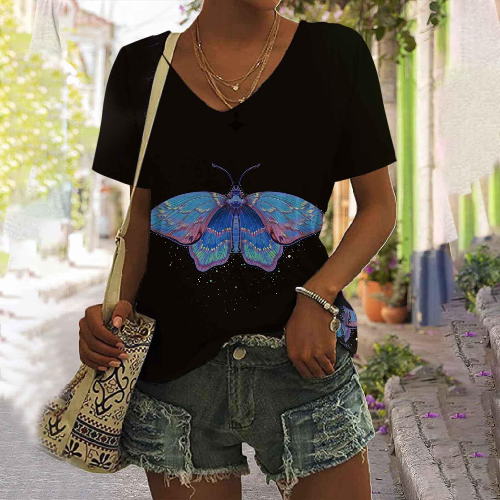 Женская футболка с V-образным вырезом и цифровым принтом в виде бабочки в стиле ретро — фото 11