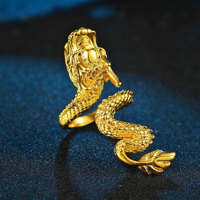 Dragon Head Open Ring Unisex 24K Gold Au999 - Rich Gold Dragon Luster, Hand-Friendly Open Design, Mellow 24K, Reliable Au999