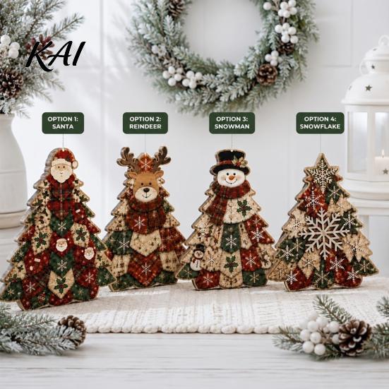 Wooden Holiday Party Decor Quilted Christmas Tree Table Sign, 2D Flat Fabric Patchwork Pattern Desktop Reusable Xmas Sign Ornament, Rustic Farmhouse