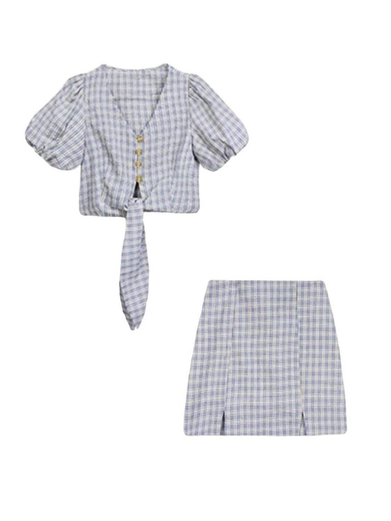 Goddess V-Neck Plaid Two-Piece: Age-Defying Summer Midi Skirt Set