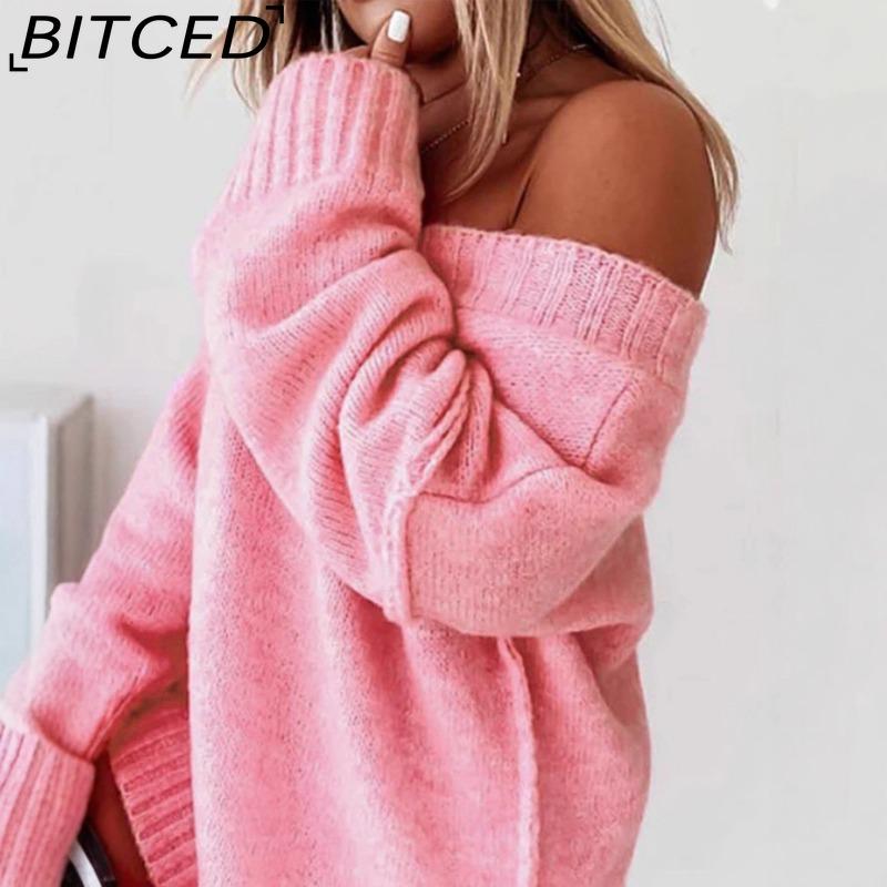 BITCED Fall/Winter Solid Color V-Neck Pullover Sweater Casual Oversized Long-Sleeve Off-Shoulder Pink Knit Top