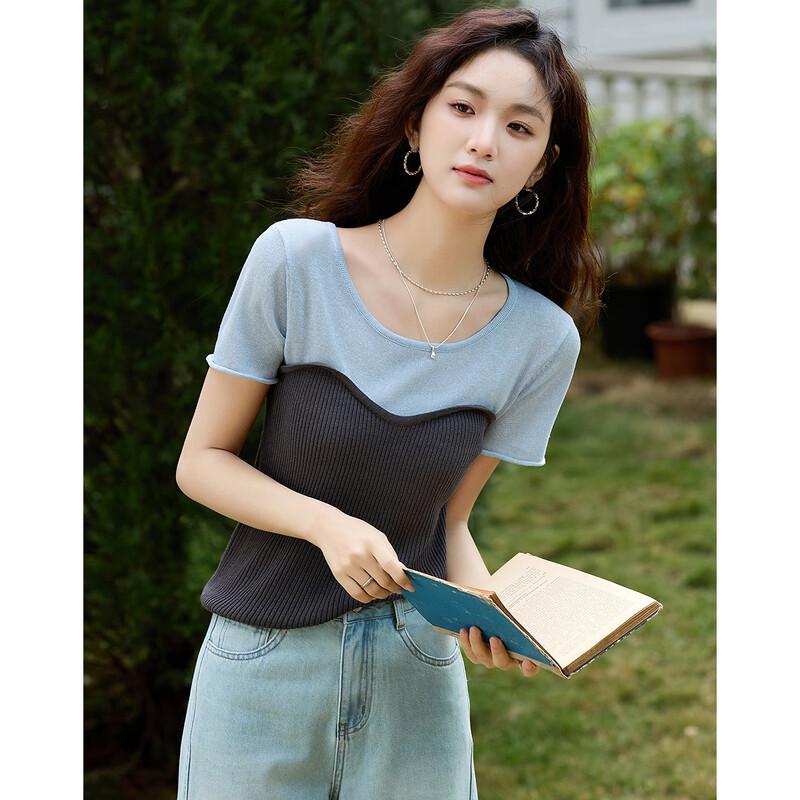 Demana Women's Color Block Knit Short Sleeve Top