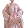 Flower Fairy Ice Silk Long Sleeve Nightdress Set with Lace and Chest Pads