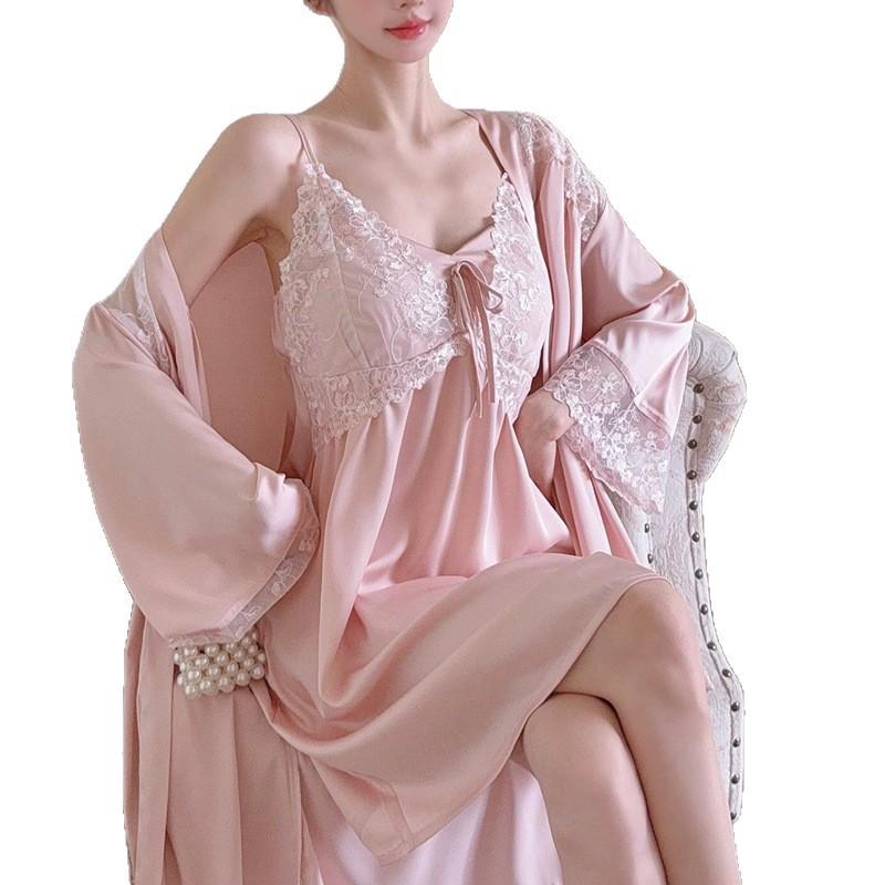 Flower Fairy Ice Silk Long Sleeve Nightdress Set with Lace and Chest Pads