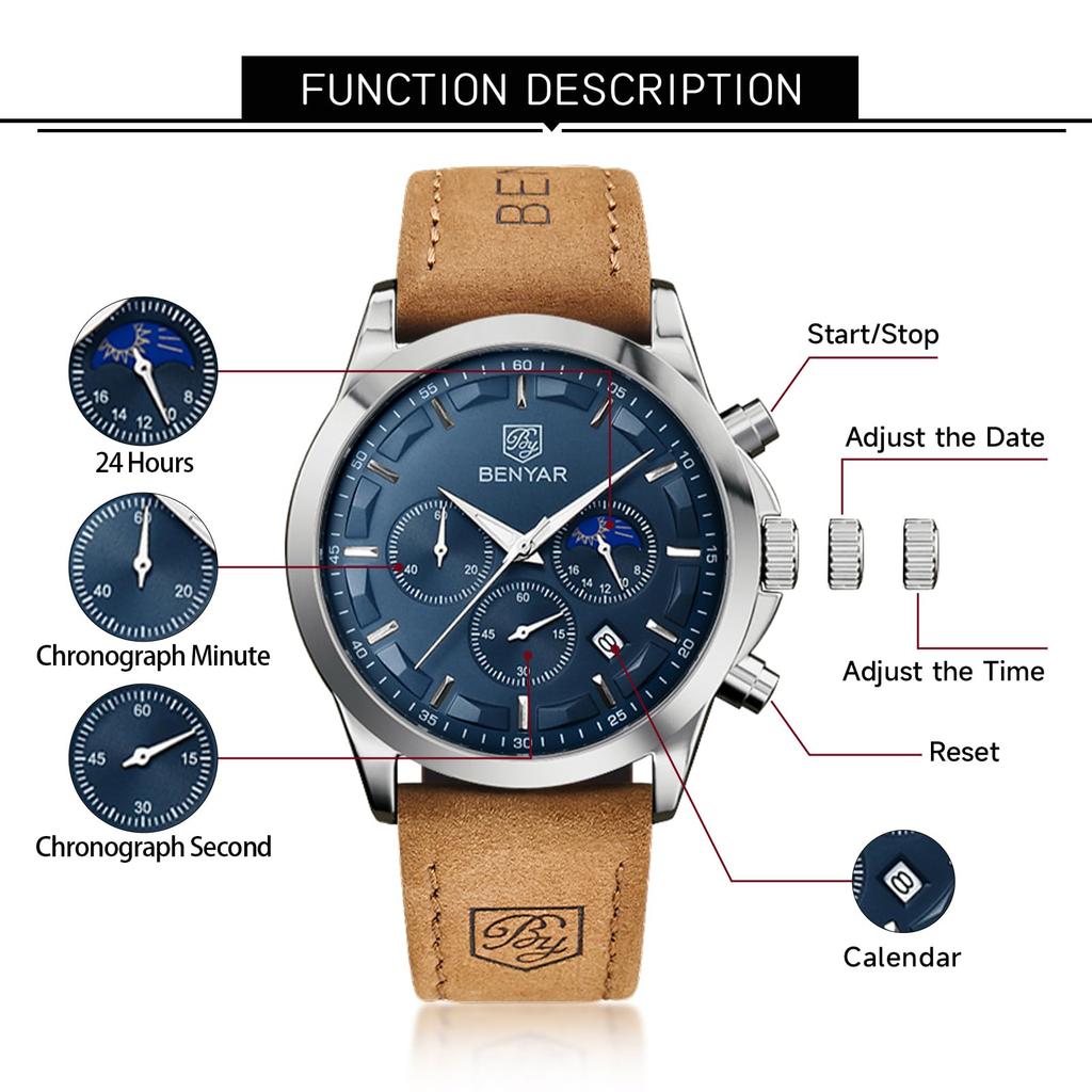 BENYAR Chronograph Watch with Leather and for Business and Formal Wear Men's Multi-Calendar Strap, Water-Resistant Scratch-Resistant Brown-Blue Dial,