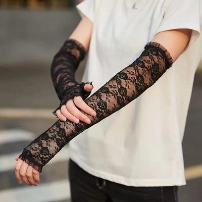 Lange Spitzen-Ausschnitt Fingerlose Handschuhe Sonnenschutz Ärmel Netzspitze Dünne Radsport Sexy Accessoires Schwarz Bare Finger Handschuhe KTB