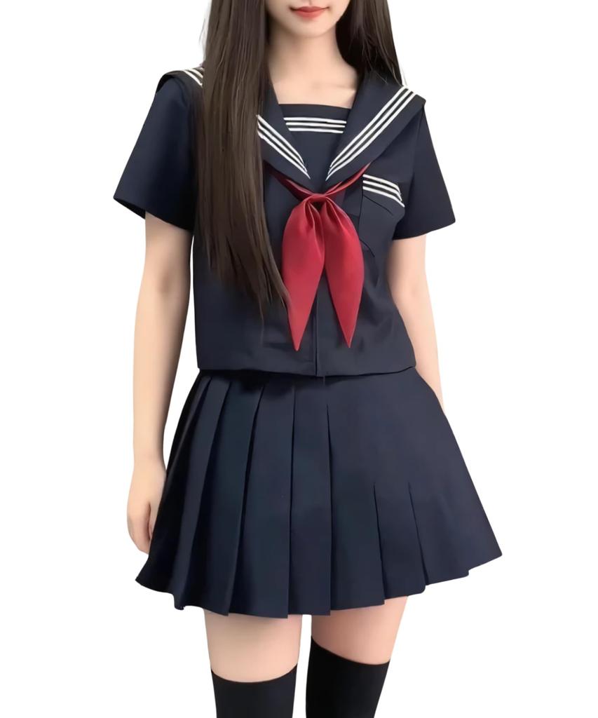 Bubu Ohana Short Sleeve Sailor Uniform Top and Bottom Cosplay Costume for and with Ribbon and Pleated Mini Design Size L to Japanese Size Set,