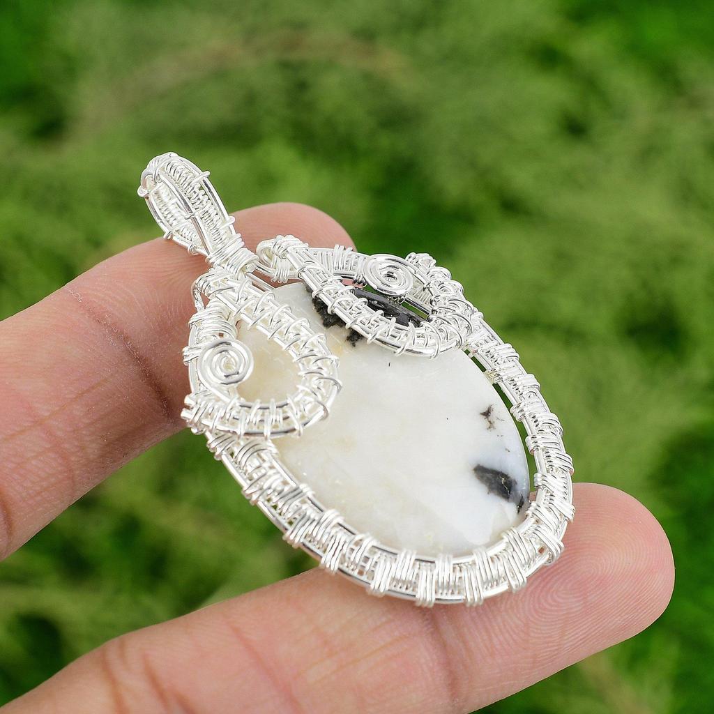 Oval Zebra Jasper Stone New Wire Wrapping Ethnic Pendant Jewelry Sterling Silver