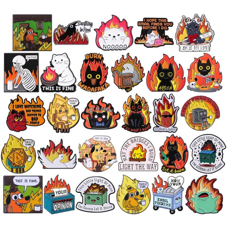 Coleção Fogo Broches de Esmalte This Is Fine Broches Emblema de Lapela Gato Cachorro Café Dados Controle Joias Encorajadoras Presente para Amigos