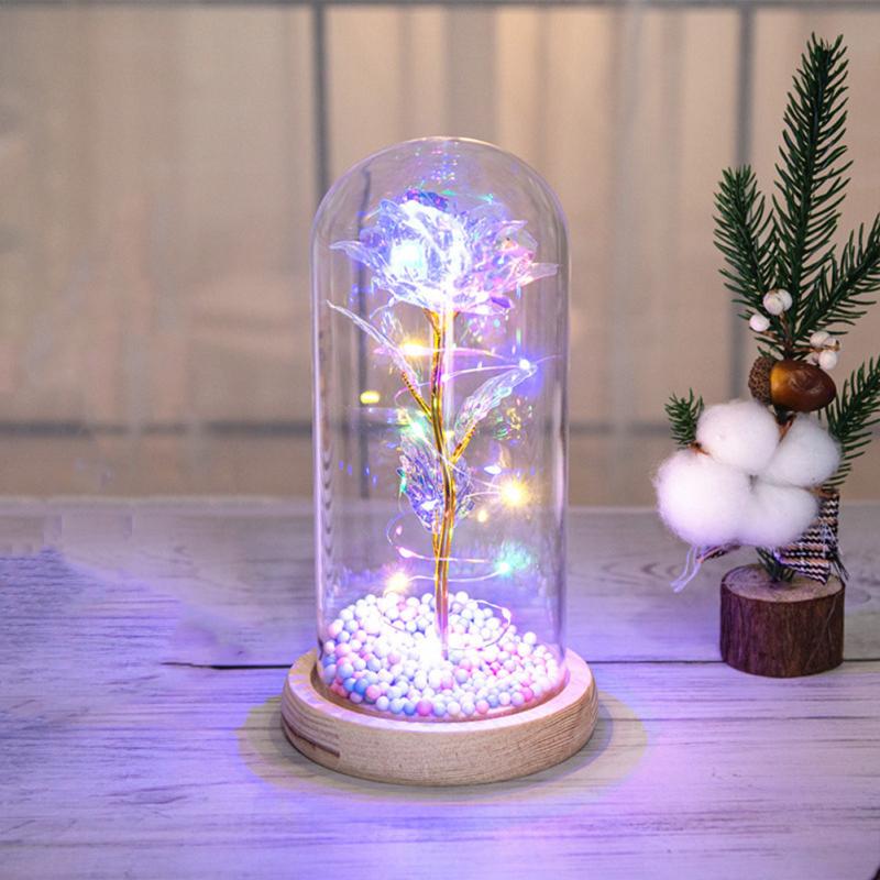Glass  Dome  Cover  Roses  Ornaments Colorful Bendable Led Light Bar Valentine Day Creative Gift