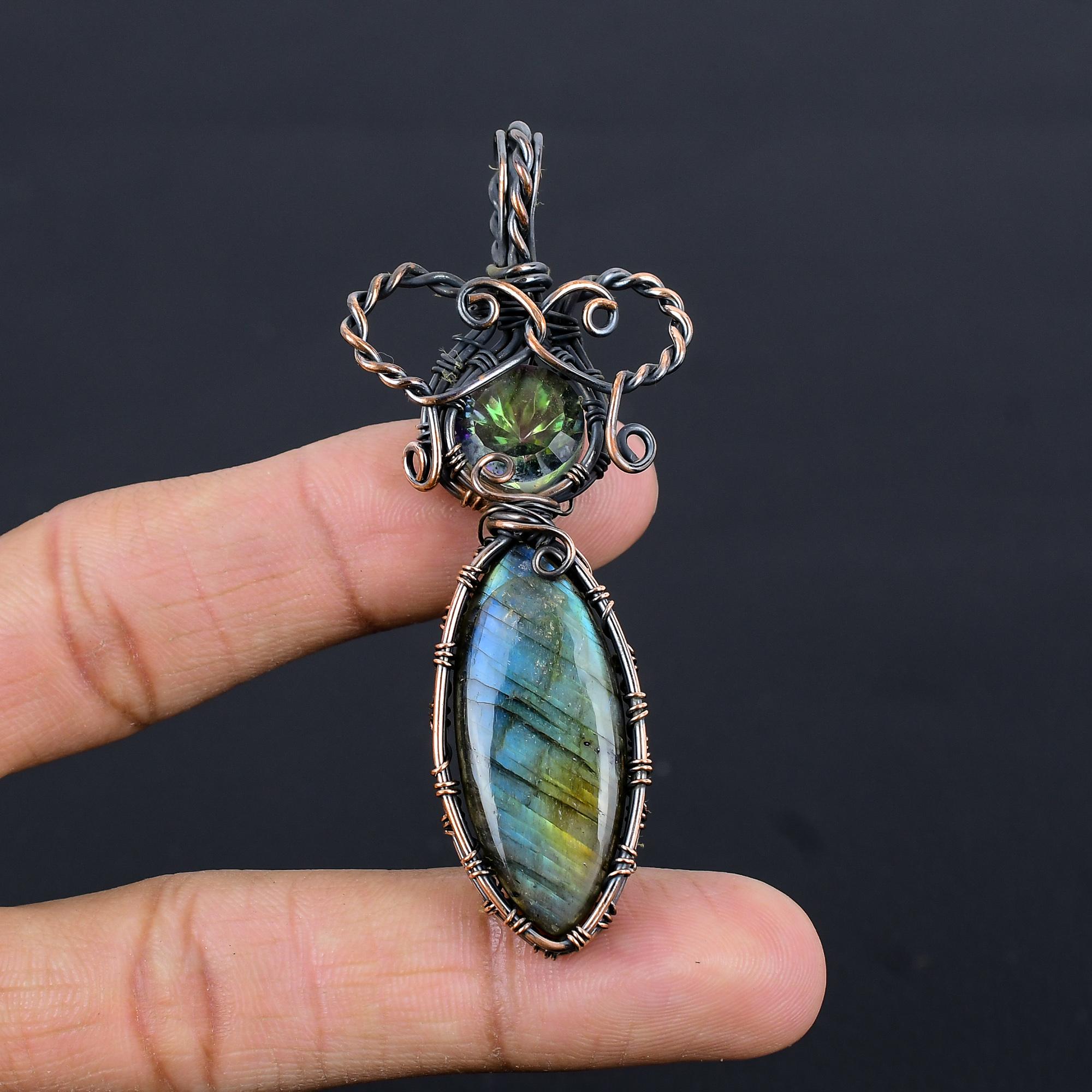 

Labradorite & Mystic Topaz Pendant, Handmade Gemstone 999 Copper Wire Wrapped Pendant Antique Jewelry, For Gift Silver Jewelry 2.55 Inches