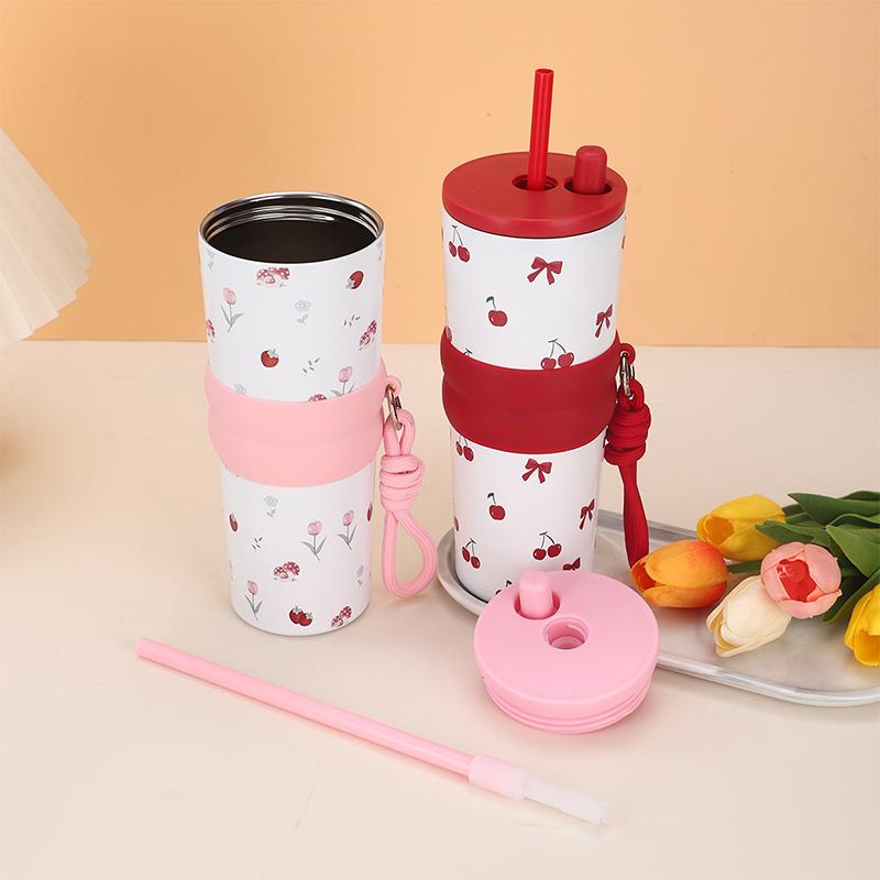 710Ml Large Capacity Car Thermos Mug Stainless Steel Vacuum Flask With Retractable Straw Leak-Proof Coffee Tea Cold Drink Bottle