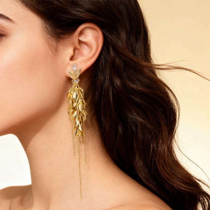 Elegant Crystals Encrusted Alloy Wheat Drop Earrings with Tassels Designs for Women