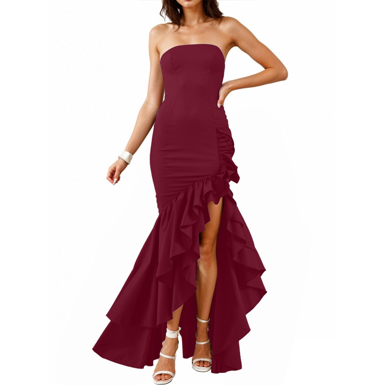 

Модное женское вечернее платье сексуальное без бретелек нерегулярное темпераментное платье M винный