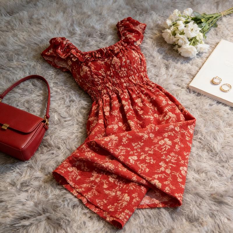2026 Summer French Retro Red Floral Square Neck Dress for Petite Women