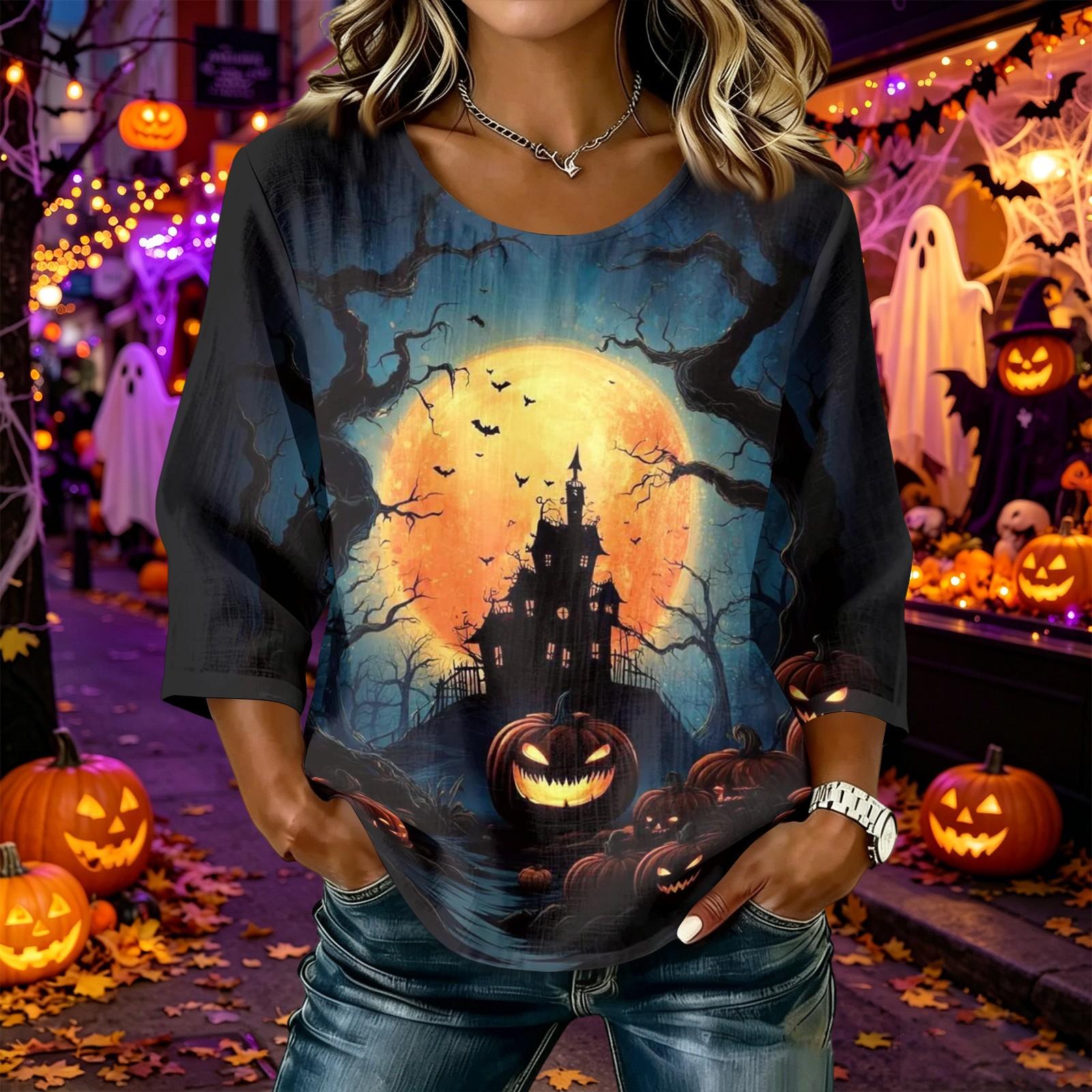 Women s Halloween Graphic Print Tunic Top - Three Quarter Sleeve Round Neck Casual Cotton Linen Blouse L