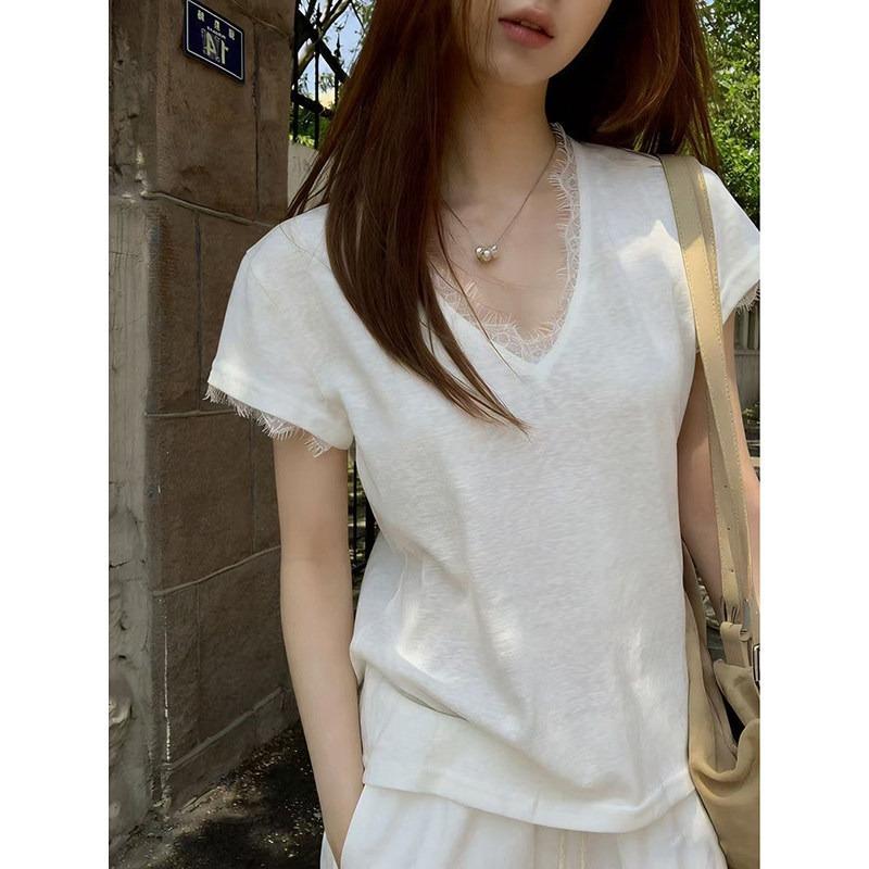 White Lace Splicing V Neck Casual Loose Short Sleeve T Shirt For Women S