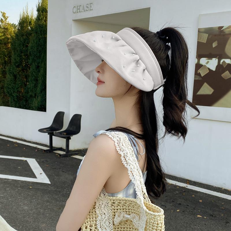 Small Pearl Big Eaves Empty Top Shell Hat Women's Summer Travel Sun Protection Fresh and Elegant Sun Hat Headband Sun Hat