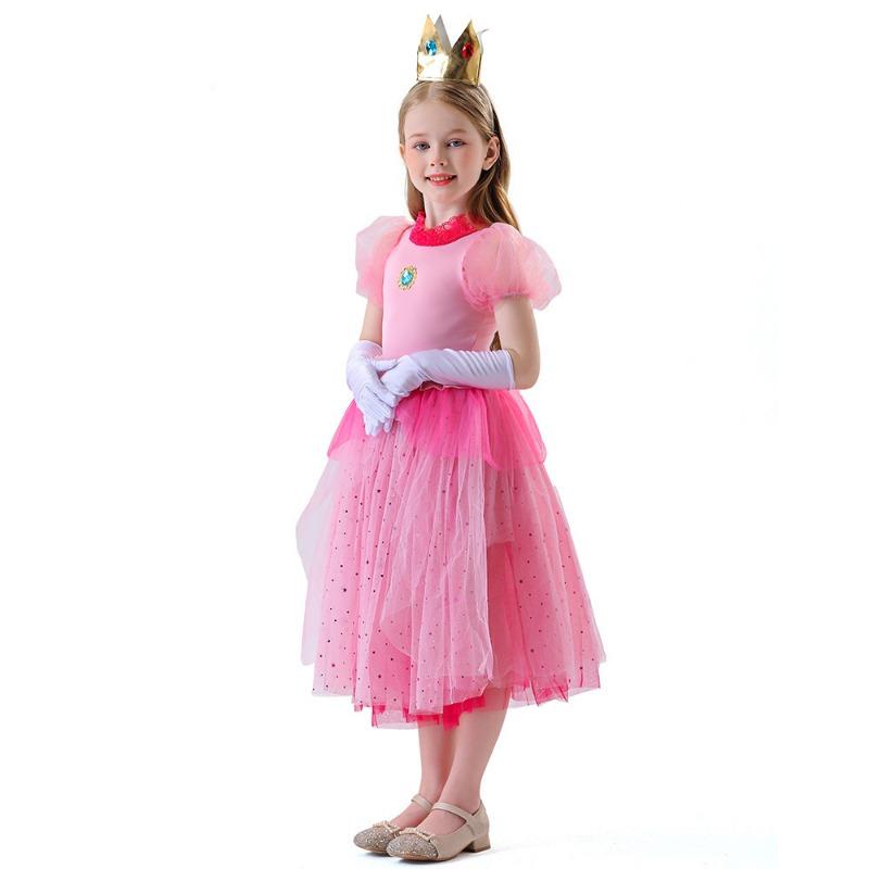 New Super Mario Kids Princess Peach Dress Girls Halloween Costume