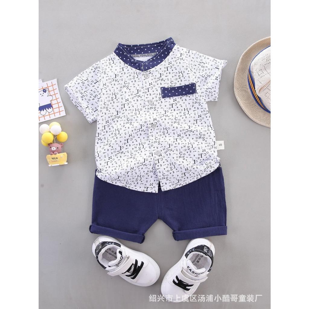 Summer Printed Pyramid Shirt Short Sleeved Shorts Set for Male and Female Infants and Young Children