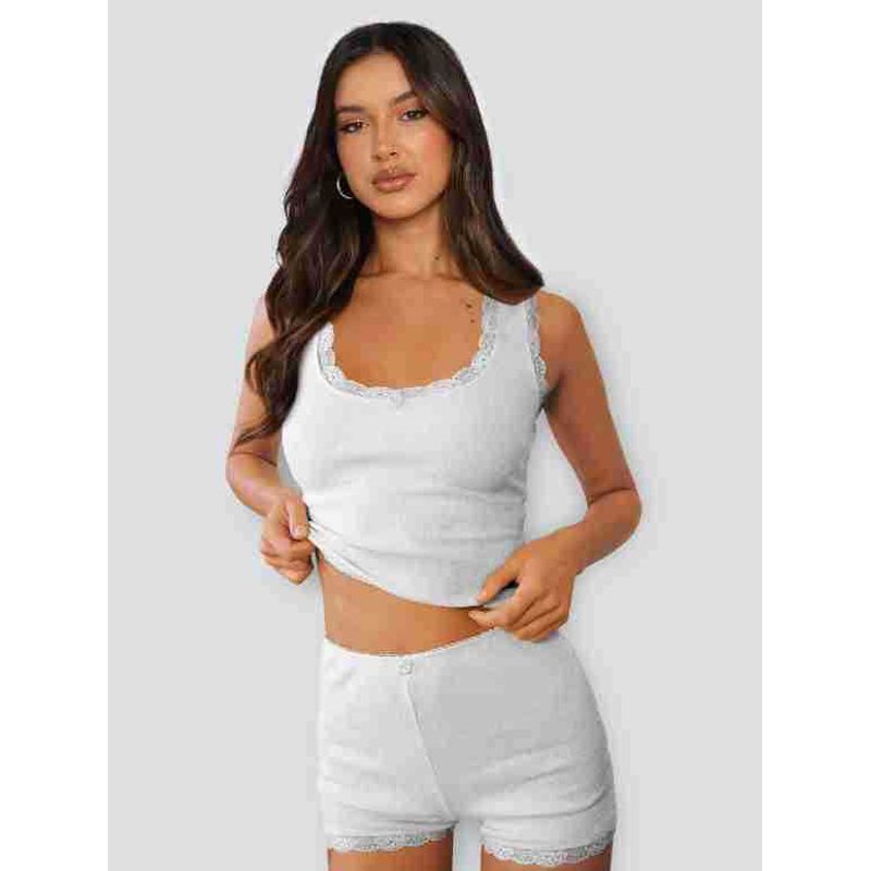 

Однотонный комплект с квадратным вырезом из ниток Однотонный костюм в стиле пэчворк с кружевной вставкой и квадратным вырезом E24Q0077-050-light ash XS