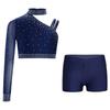 Třpytivý crop top na tanec s kamínky pro dívky: Šortky s nepravidelným ramenem a V-předním pasem pro taneční vystoupení