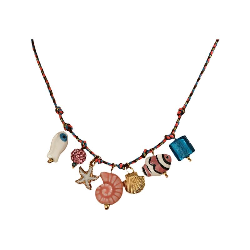 Braided Cord Shell Necklace Coastal Neckchain With Ceramic Ocean Details for Beach Vacation, Resort Wear and Casual Use