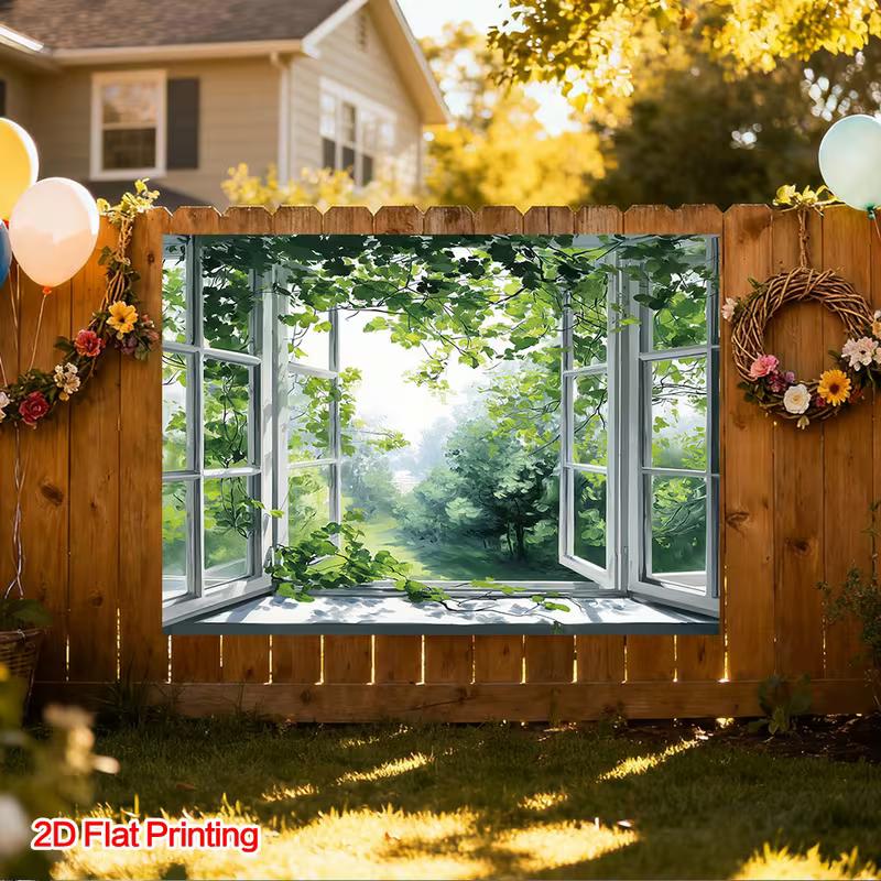 2D Natural Vine Window View Backdrop Bright Green Forest Themed Background
