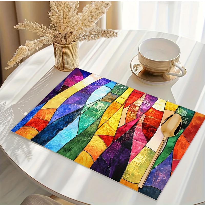

Abstract rainbow stained glass placemats linen blend kitchen table mats colorful dining decor heat resistant home accessories 4Pcs-30X45cm(12X18in