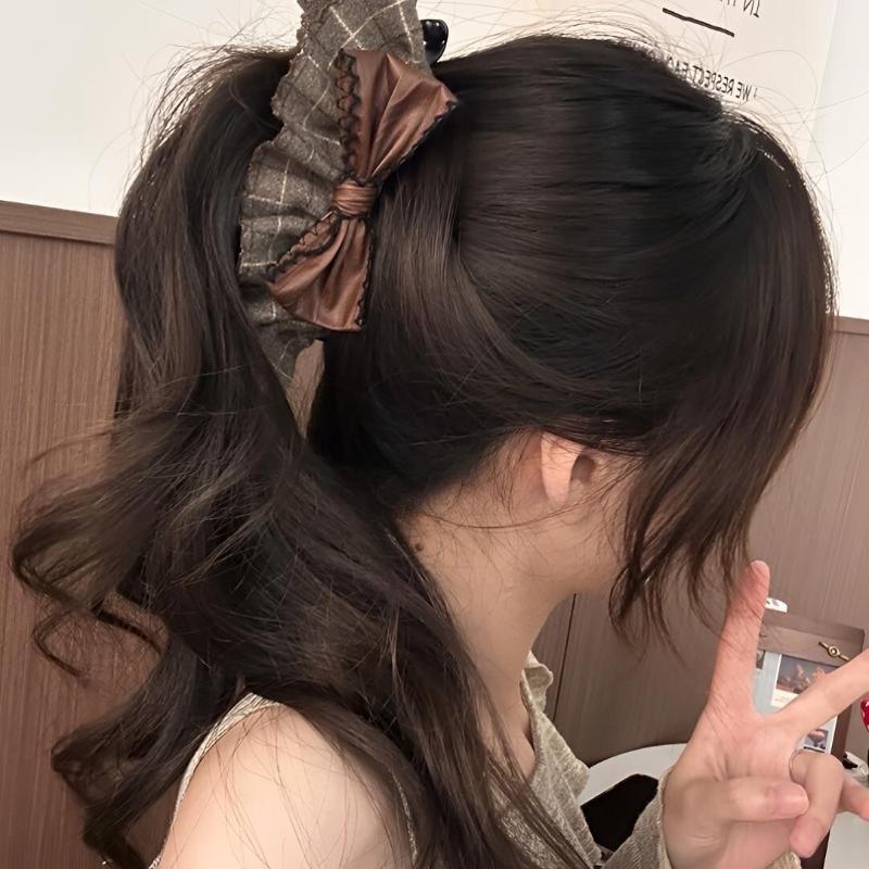 Vintage Plaid Bow Hair Claw Clips Women'S Trendy Hair Accessories Leather Bow Ruffle Design Grid Pattern Banana Clip Headdress