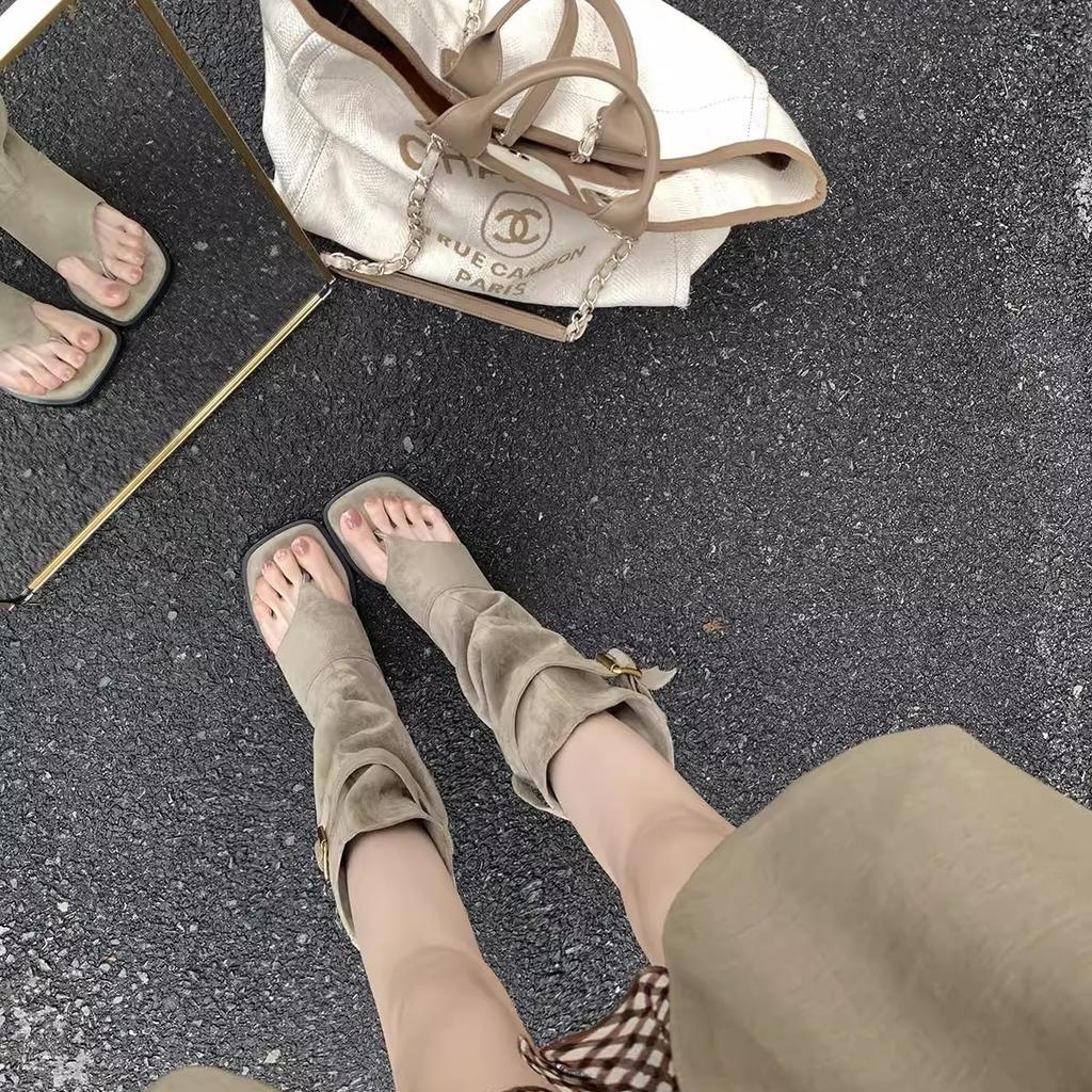 Cowhide Version~ Grape Mother Open-toed Western Cowboy Boots Pinch-toe Stacking Boots Pinch-toe Cold Boots Flat Bottom Inner Height-increasing Boots