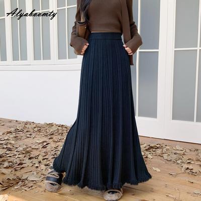 Korean Fashion Autumn Winter Women Maxi Long Skirt High Waist Beige Black Knitting Pleated Skirt Knitted Tassel Elegant Feminine Skirts