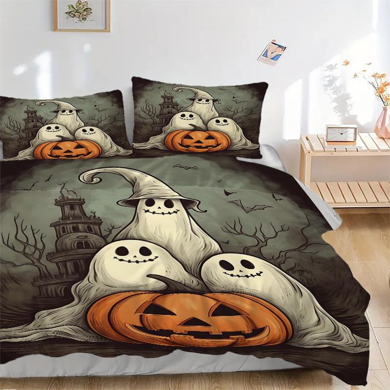 3pcs Ghost With Pumpkin Drawing Print Bedding Set (1 Cover + 2 Pillowcases, Without Inserts), This Printed Bedding Set Is Soft and Comfortab