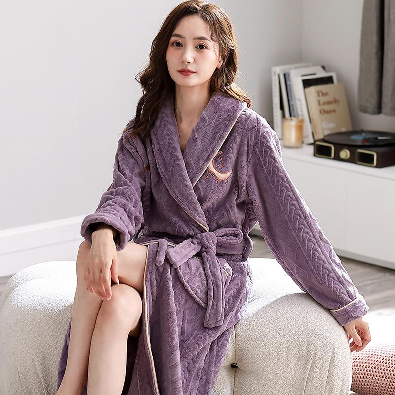 Vintermorgonrock Korallfleece Nattlinne Dam Varm Sovkläder Förtjockad Lång Badrock Flanell Lös Ledig Hemkläder Nattkläder