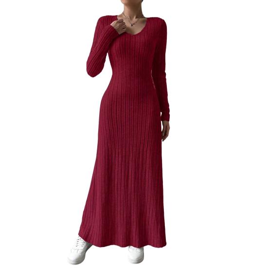 Damen Herbst Pulloverkleid Langarm V-Ausschnitt Rippstrick Maxikleid Tunika Winter A-Linie Langes Schwingkleid