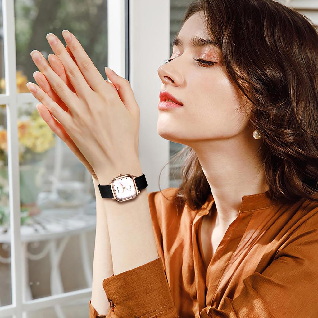 Damenuhr mit Lederarmband, Schlichtes Antik-Design: Quadratische Analoguhr, Wasserdichtes Lederarmband, Lässige, Business, Modeuhr für Damen - Perfekt