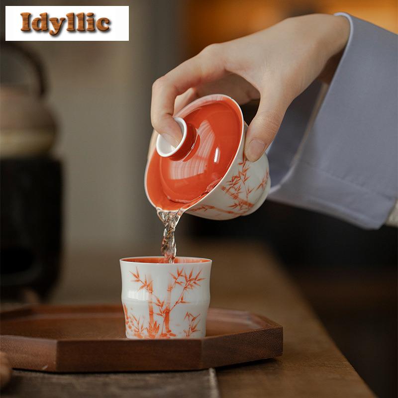 150ml Hand-painted Underglaze Color Bamboo Gaiwan Zen Tea Tureen Tea Bowl With Lid Kit Tea Making Cover Bowl Tea Services Gift