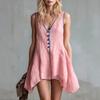 Sleeveless Vintage Style Linen Cotton Blend Dress Casual Loose Fit Summer Short Dress with Button Front and Contrast Piping Detail